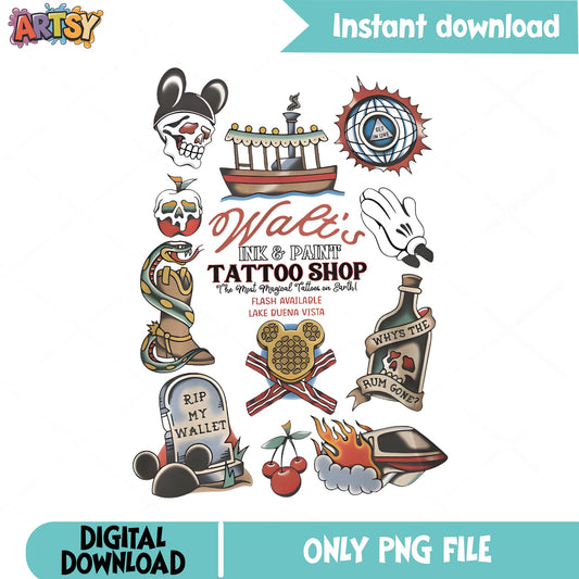 Disney Tattoo Flash Sheet PNG, Walt's Ink And Paint Shop PNG, Mickey PNG