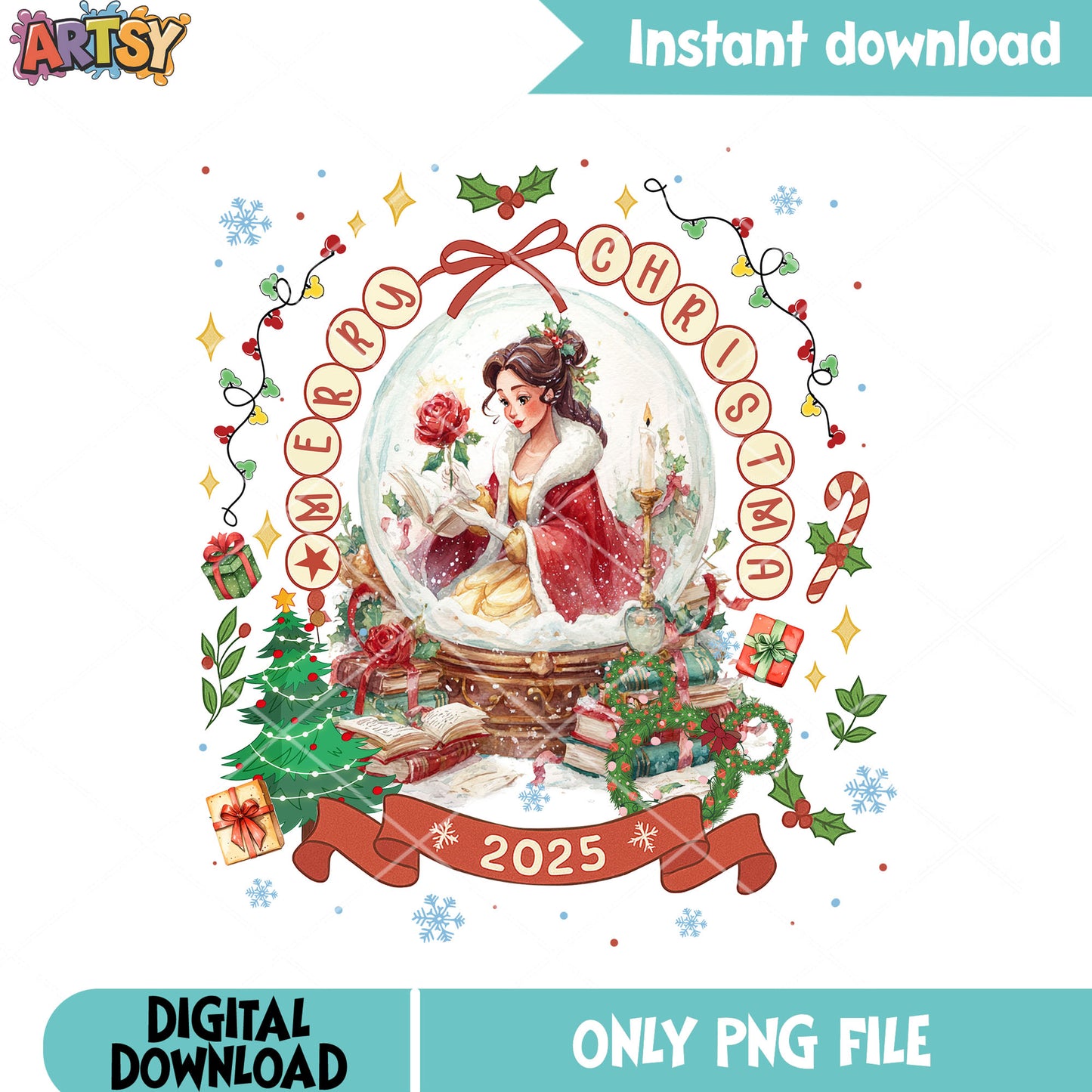 Disney belle red cape winter png, globe book rose png, christmas png