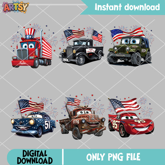 Disney car america png bundle, disney car png, happy 4th of july png