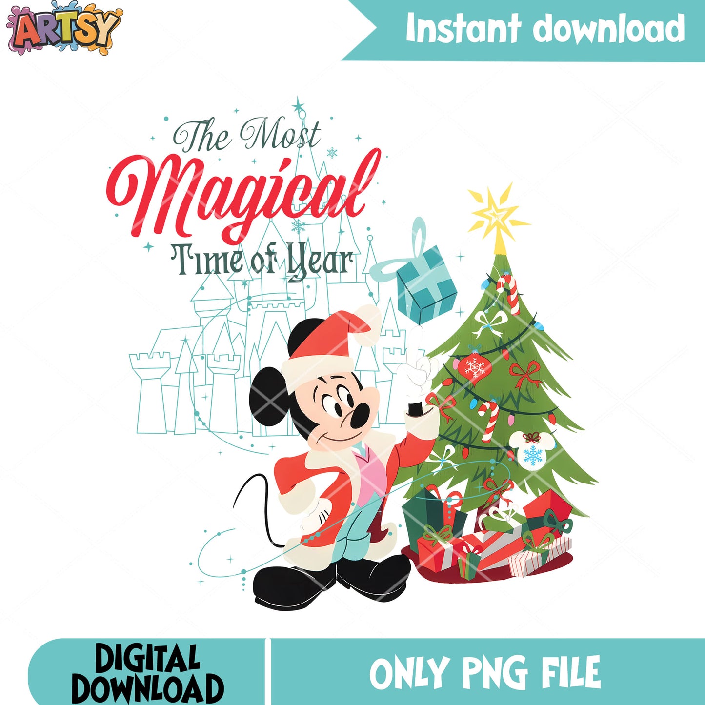 Disney castle mickey png, christmas tree png, mickey mouse png
