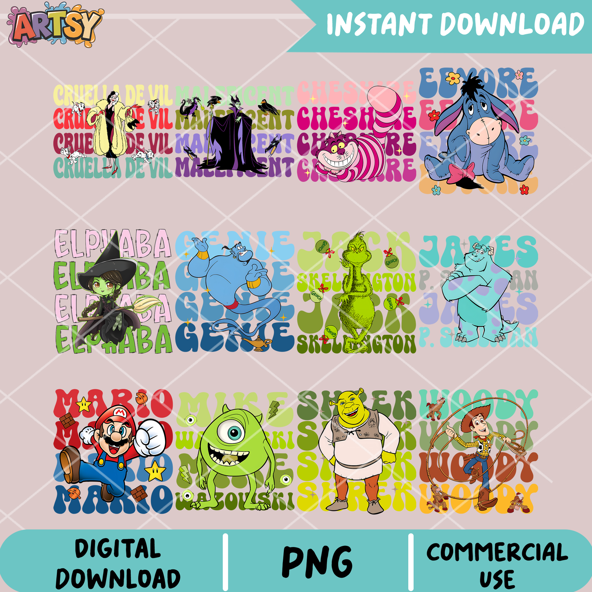 Disney characters 90s png bundle, disney vibes png, disney characters png