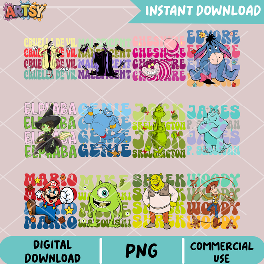Disney characters 90s png bundle, disney vibes png, disney characters png
