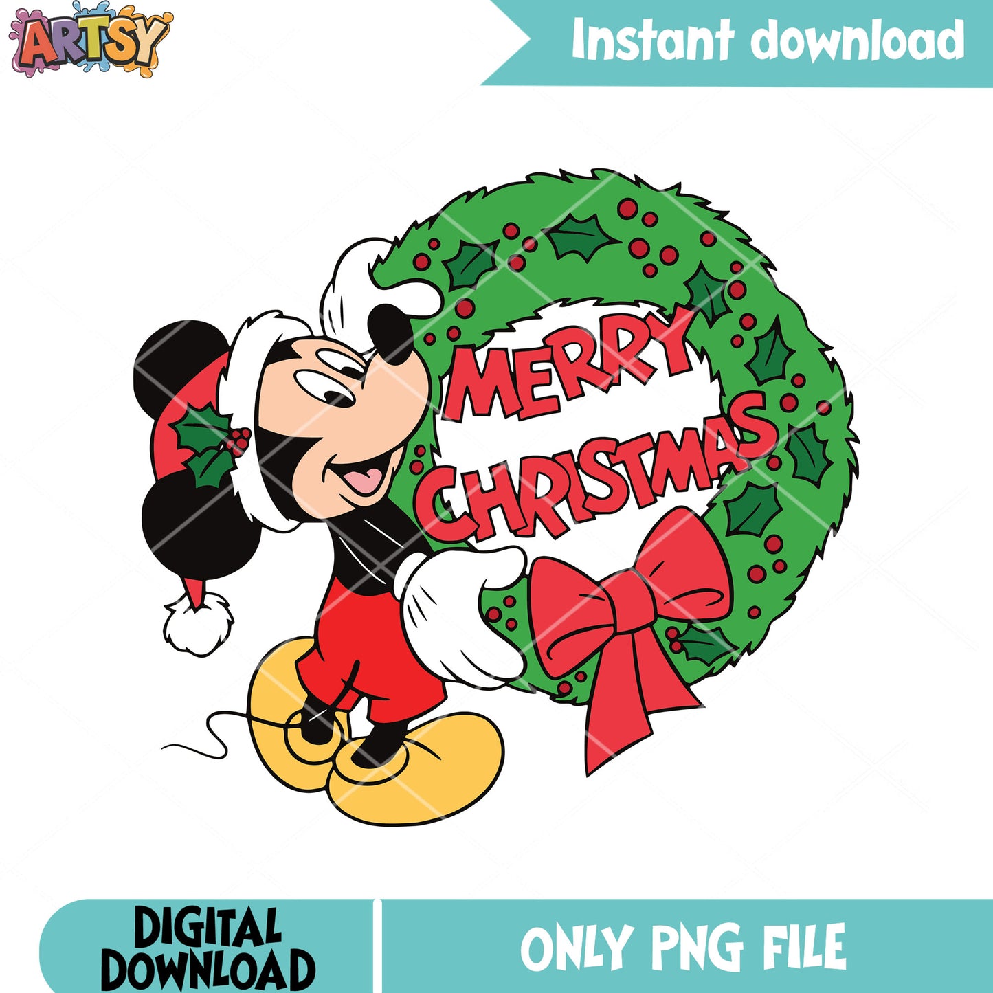 Disney christmas poster png, mickey mouse png, christmas wreath png
