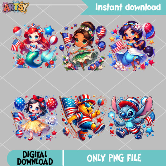 Disney friends 4th of july png bundle, 4th of july day png, disney america png