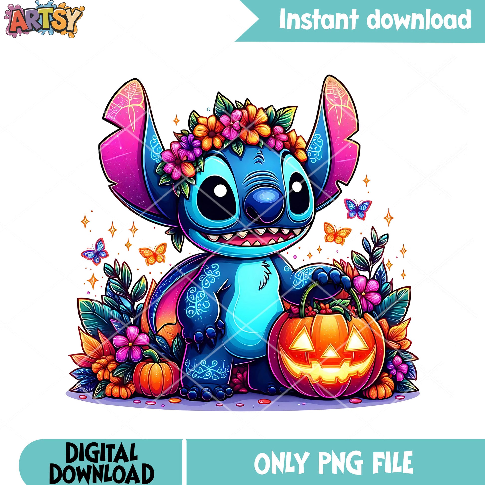 Disney halloween png, stitch character png, jack o lantern png