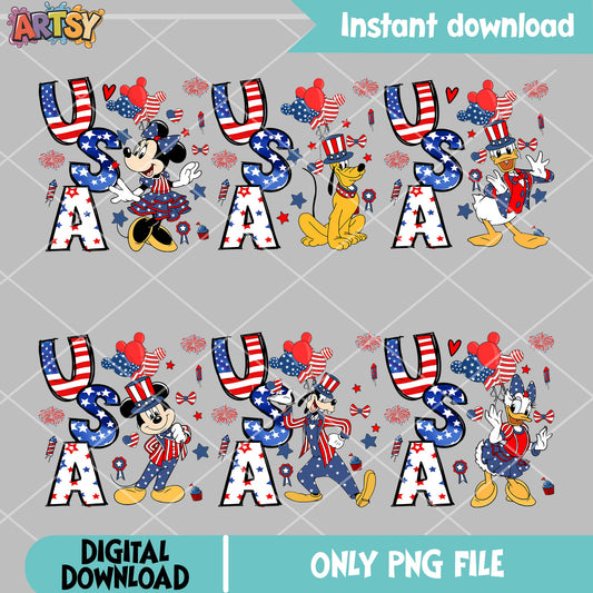 Disney in usa png bundle, 4th of july day png, mickey friends png