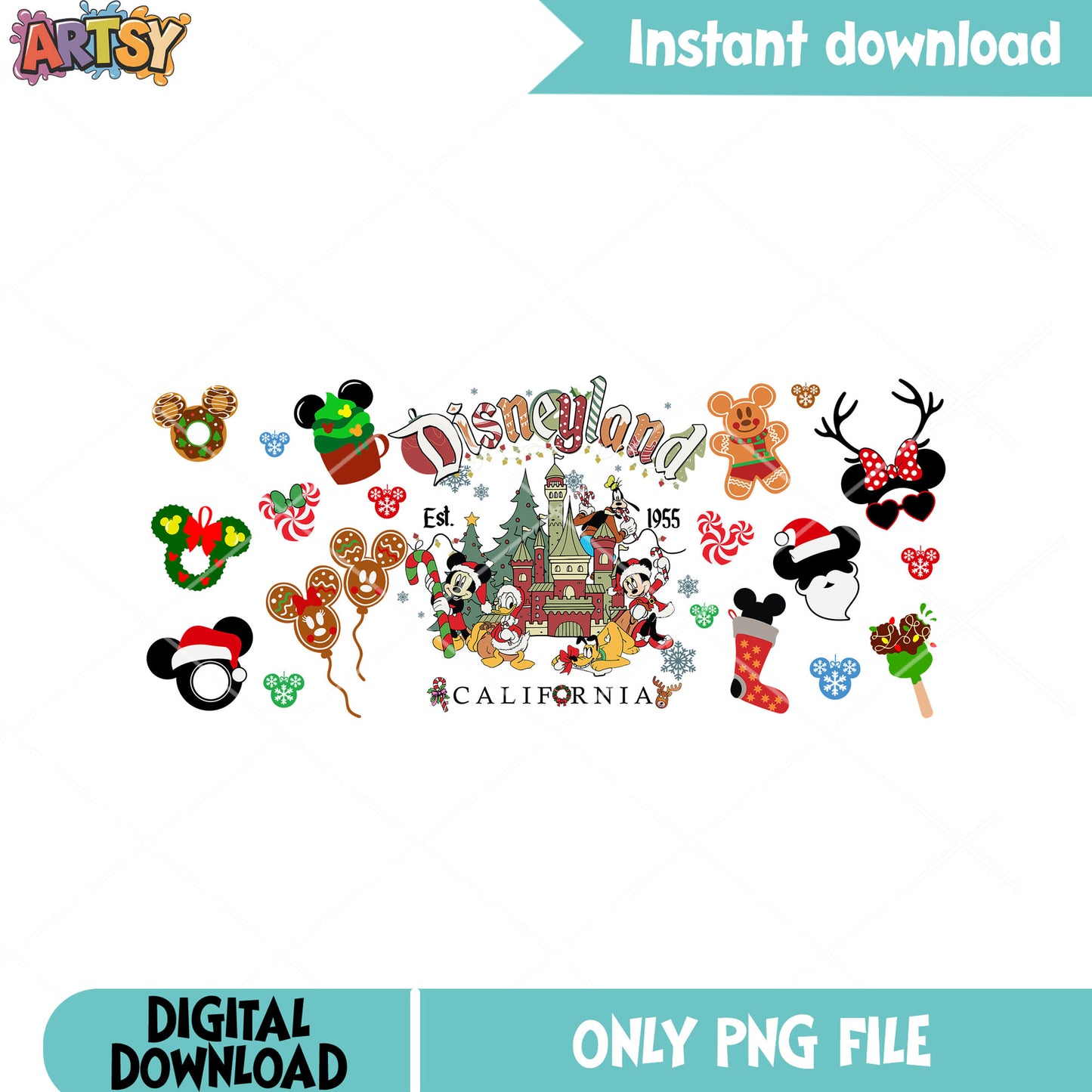 Disney land california xmas png, christmas png, mickey and friends png