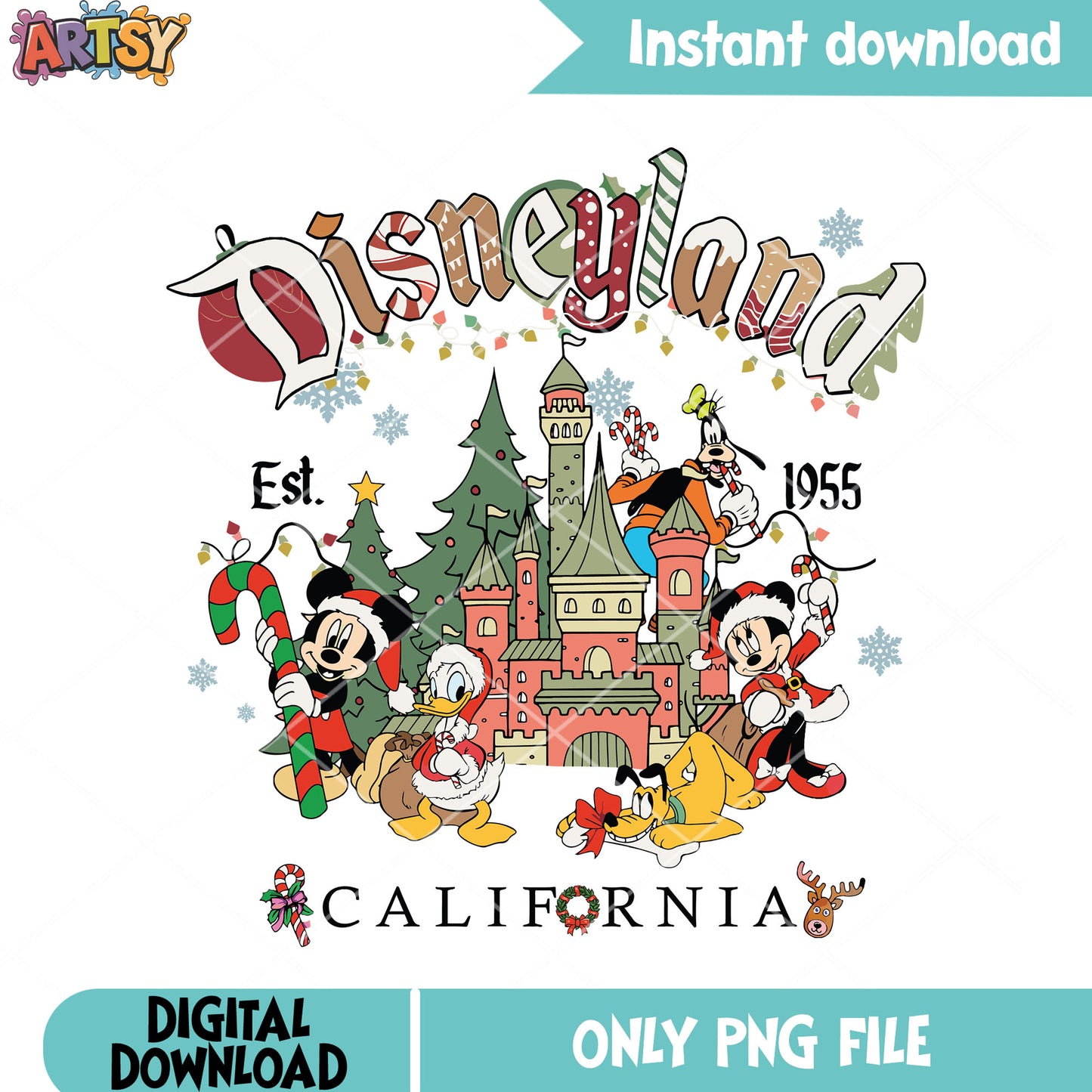 Disneyland est 1955 png, mickey and friends png, christmas tree png