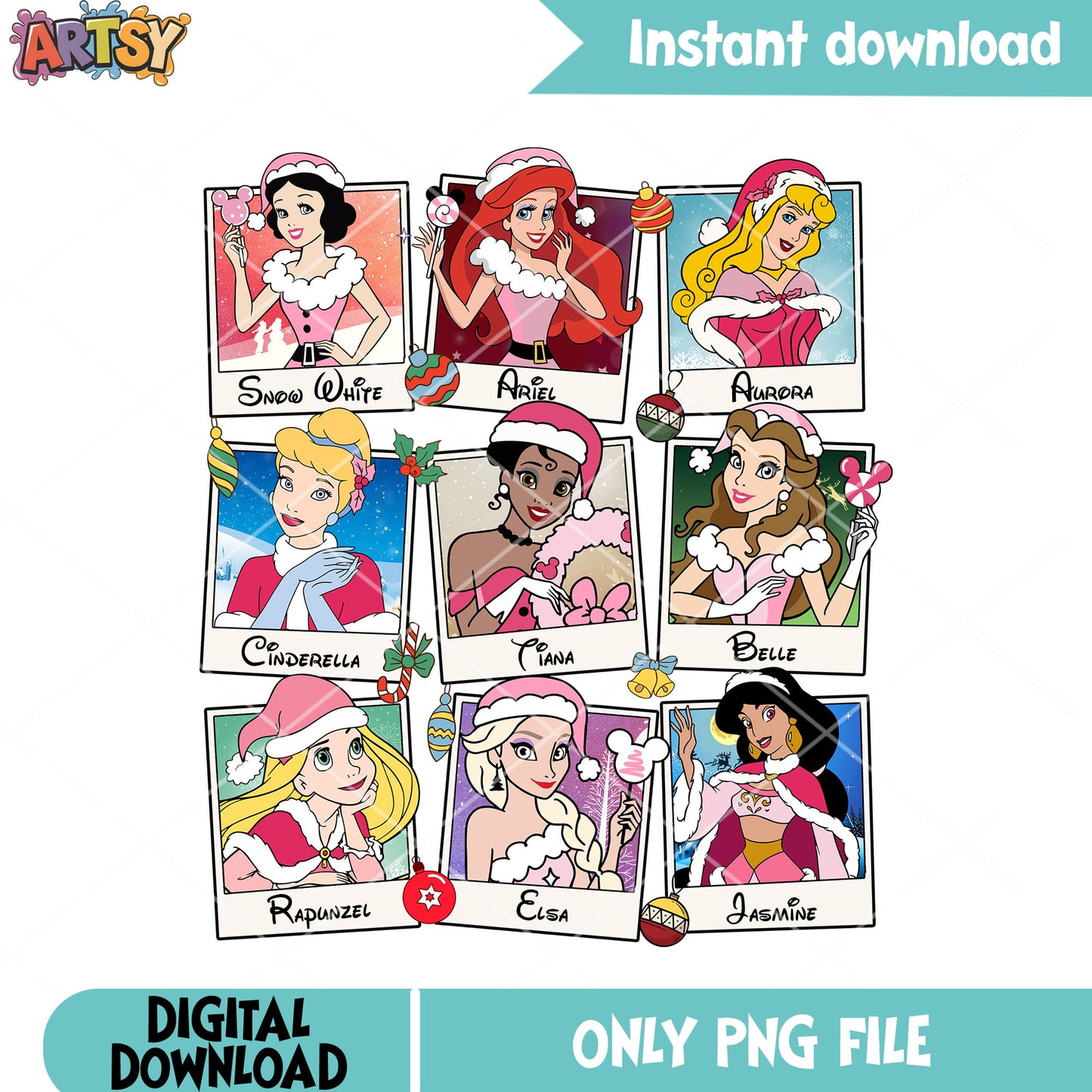 Disney princess polaroid png, pink christmas png, fesstival pink png