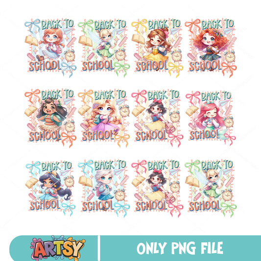 Disney princess school png bundle, back to school png, princess disney png