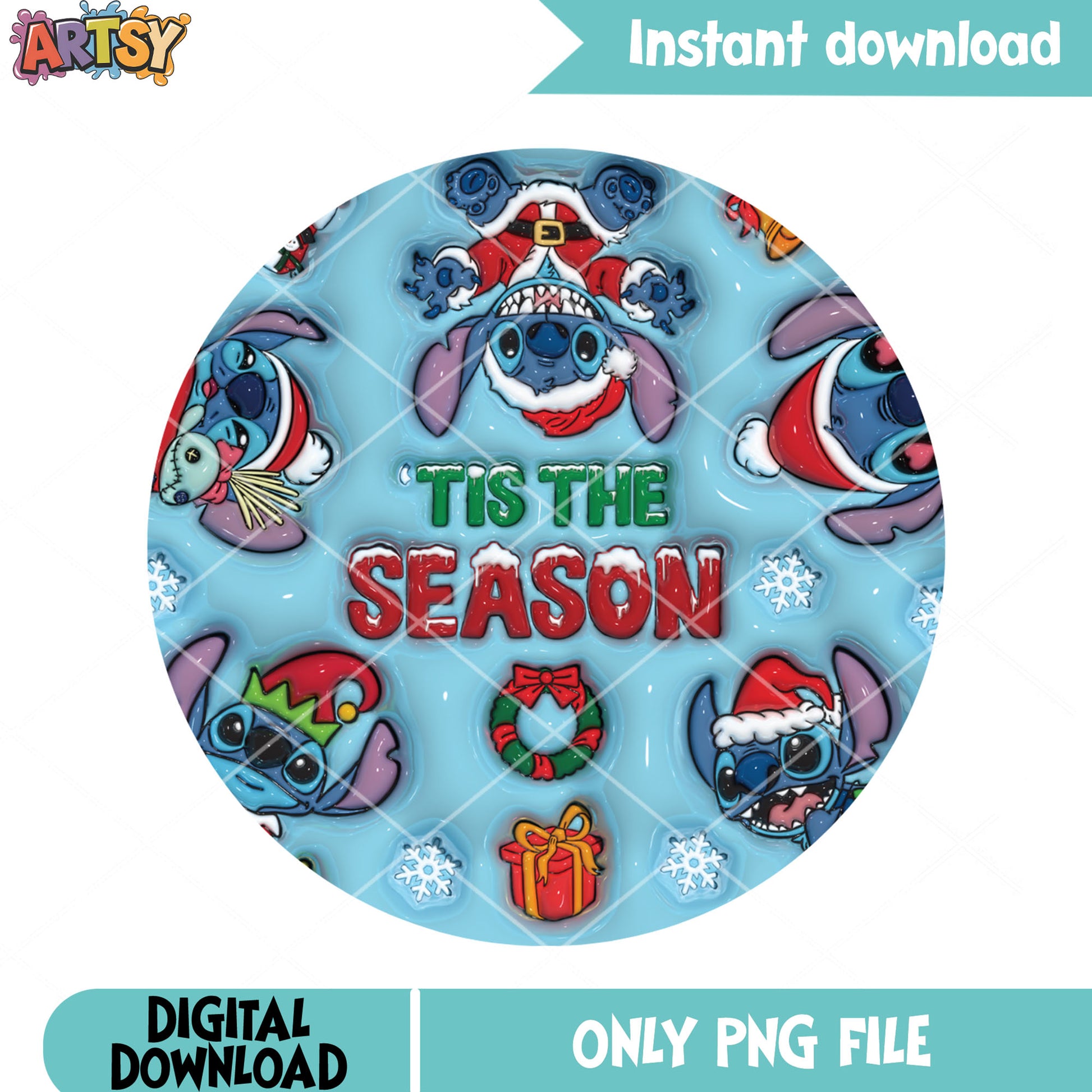 Disney stitch christmas png, wreath blue png, puff coaster png