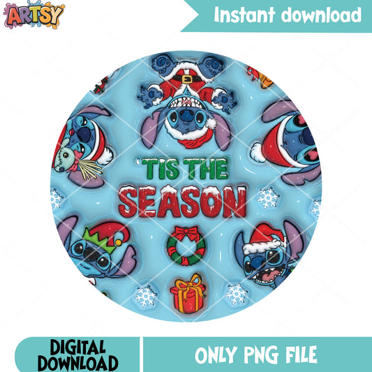 Disney stitch christmas png, wreath blue png, puff coaster png