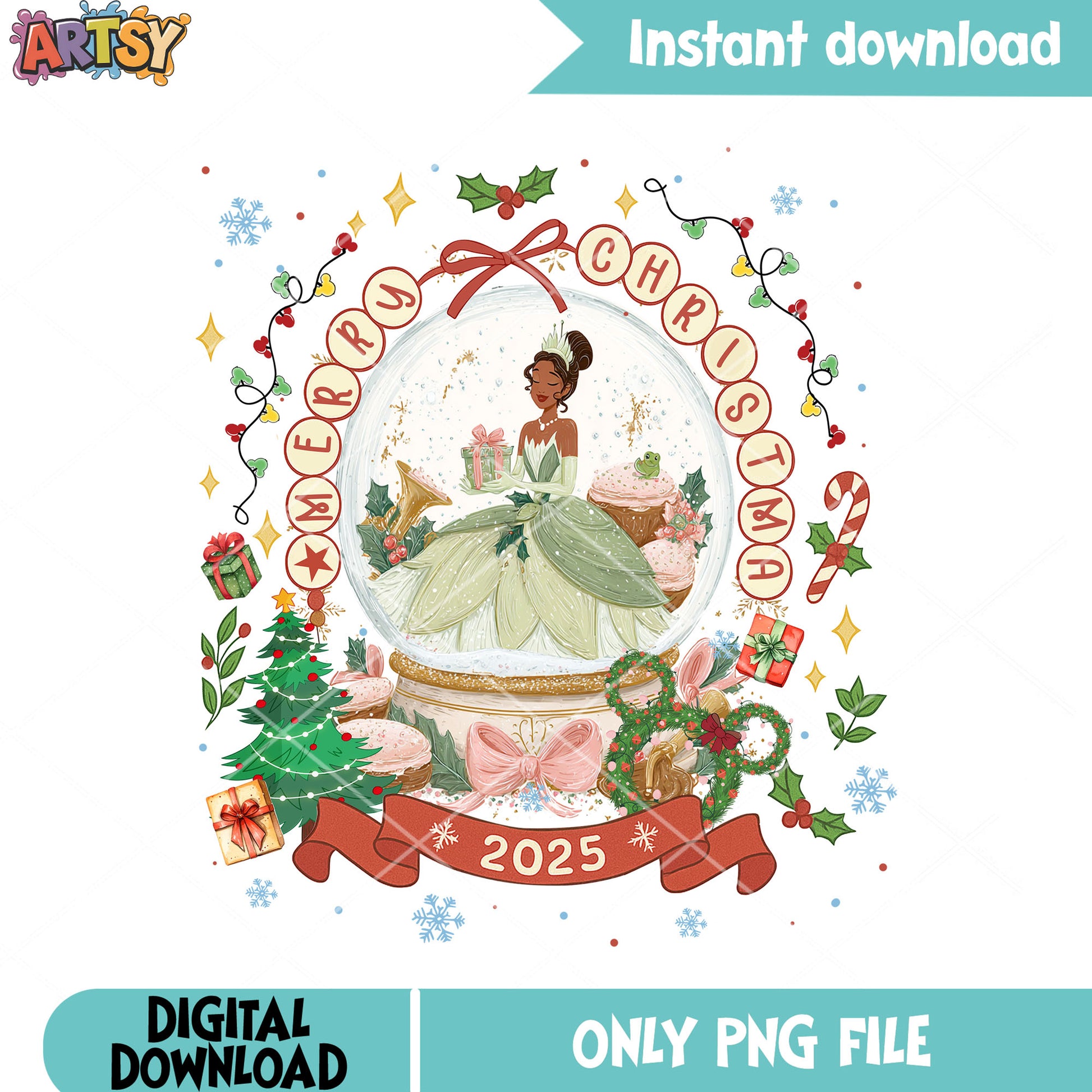 Disney tiana green dress png, globe cupcake png, snow trumpet png