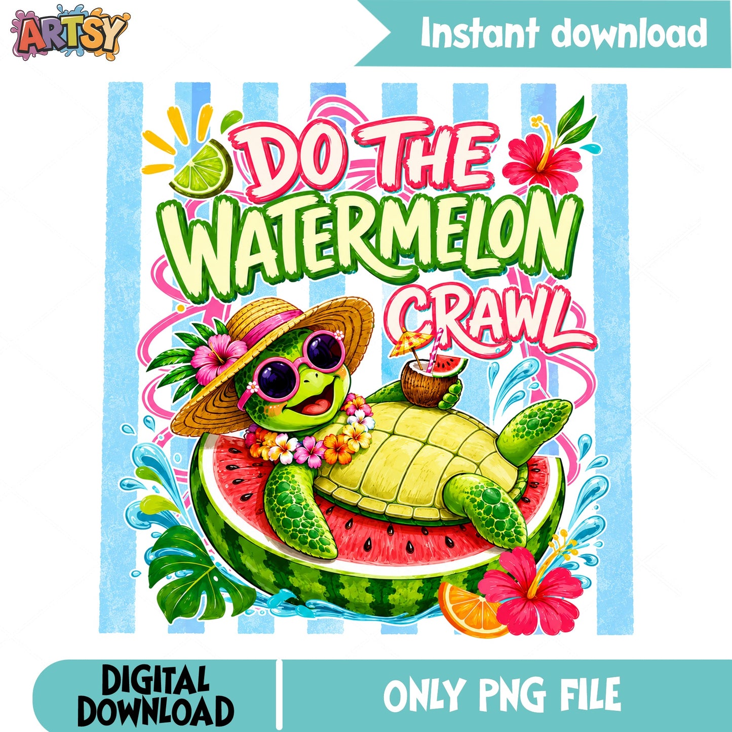 Do The Watermelon Crawl PNG, Summer Turtle PNG, Beach PNG