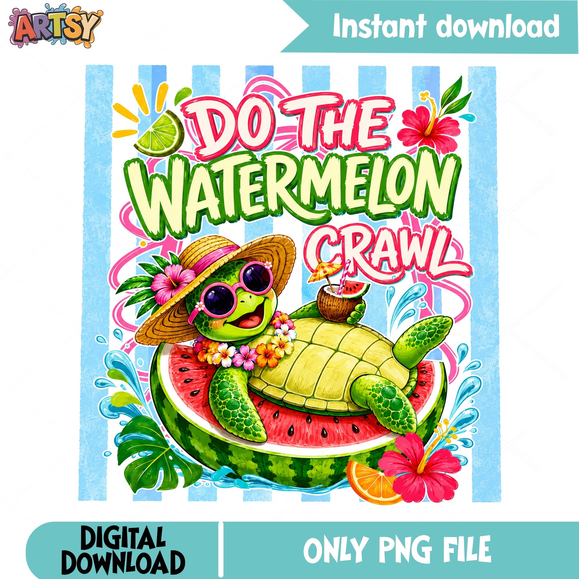 Do The Watermelon Crawl PNG, Summer Turtle PNG, Beach PNG