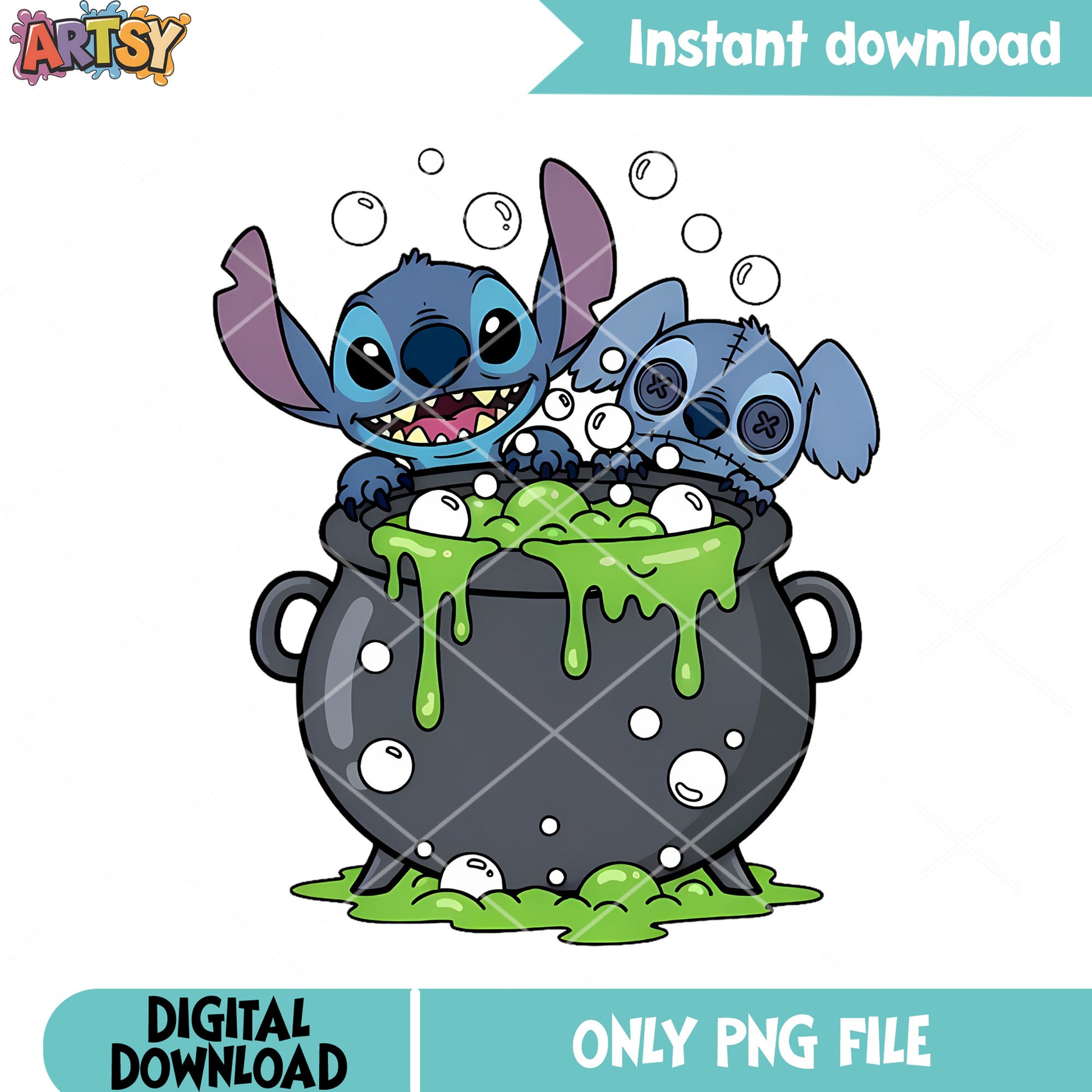 Doll stitch blue alien png, cauldron witches png, happy halloween png