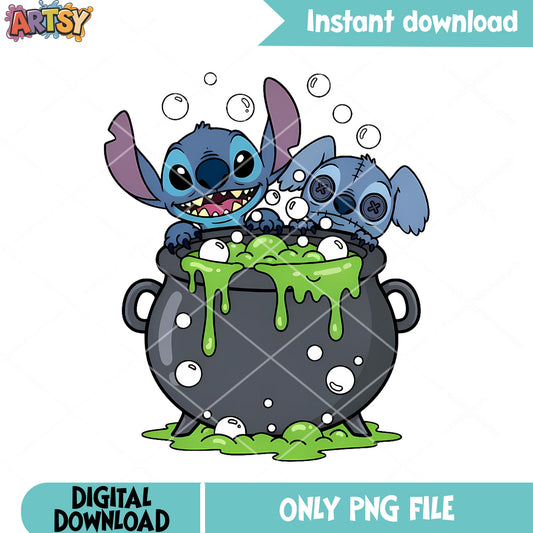Doll stitch blue alien png, cauldron witches png, happy halloween png