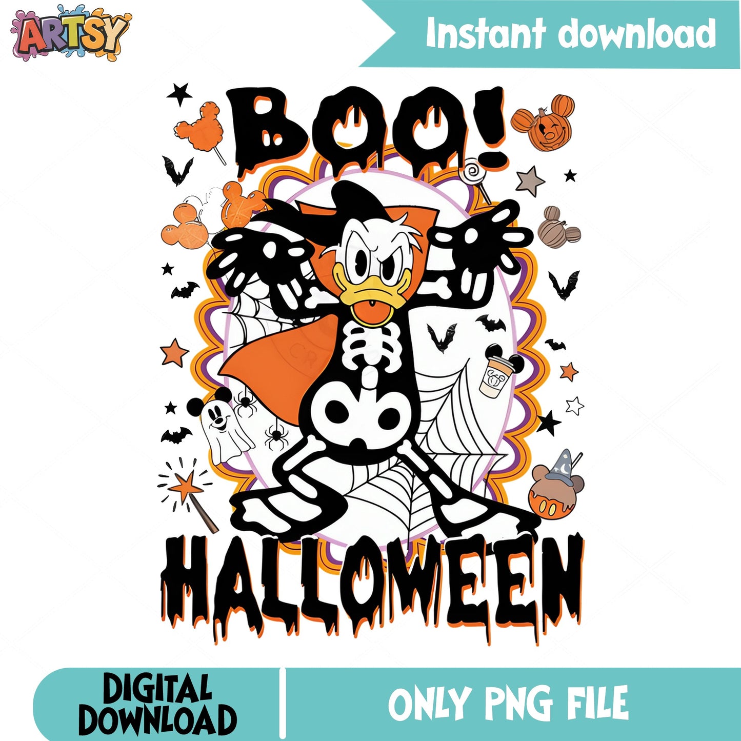 Donald Duck Skeleton Boo Halloween PNG, Disney Halloween PNG, Spooky Duck PNG