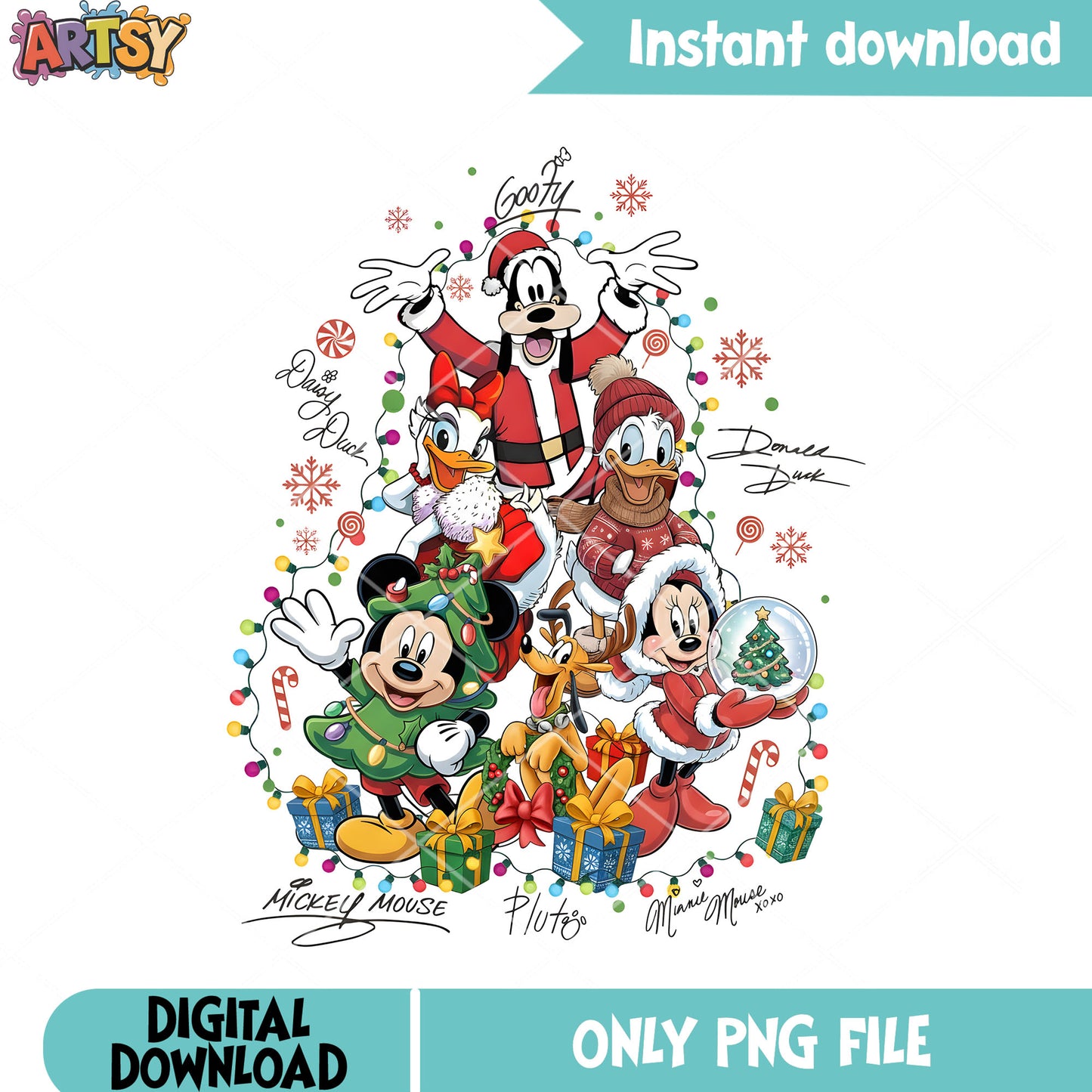 Donald duck christmas png, santa claus costume png, snowflake png