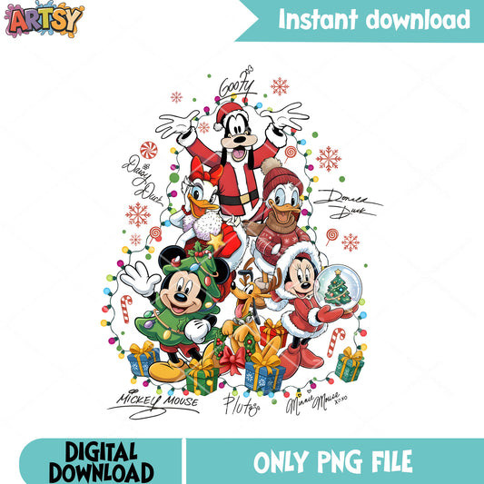 Donald duck christmas png, santa claus costume png, snowflake png