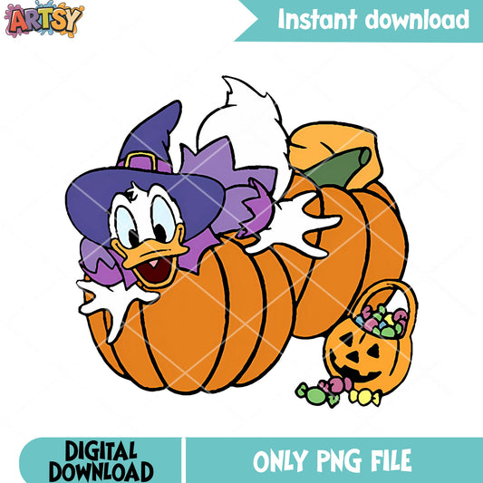 Donald lay on the pumpkim png, witch costumr png, disney halloween png
