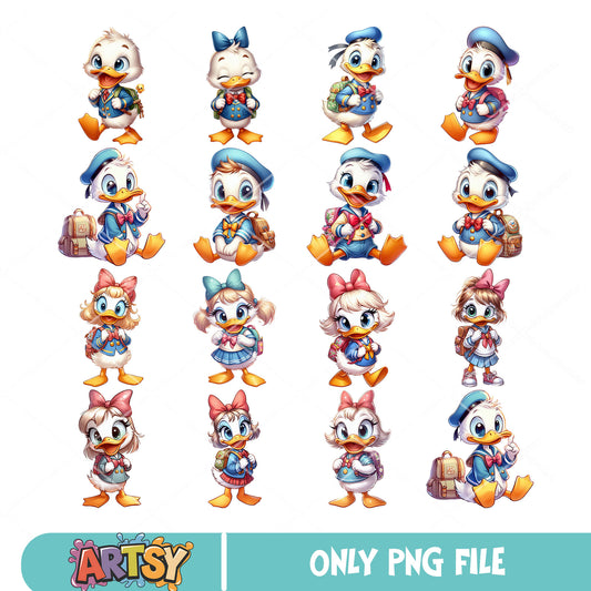 Donald x daisy school png bundle, mickey mouse characters​ png, school days png