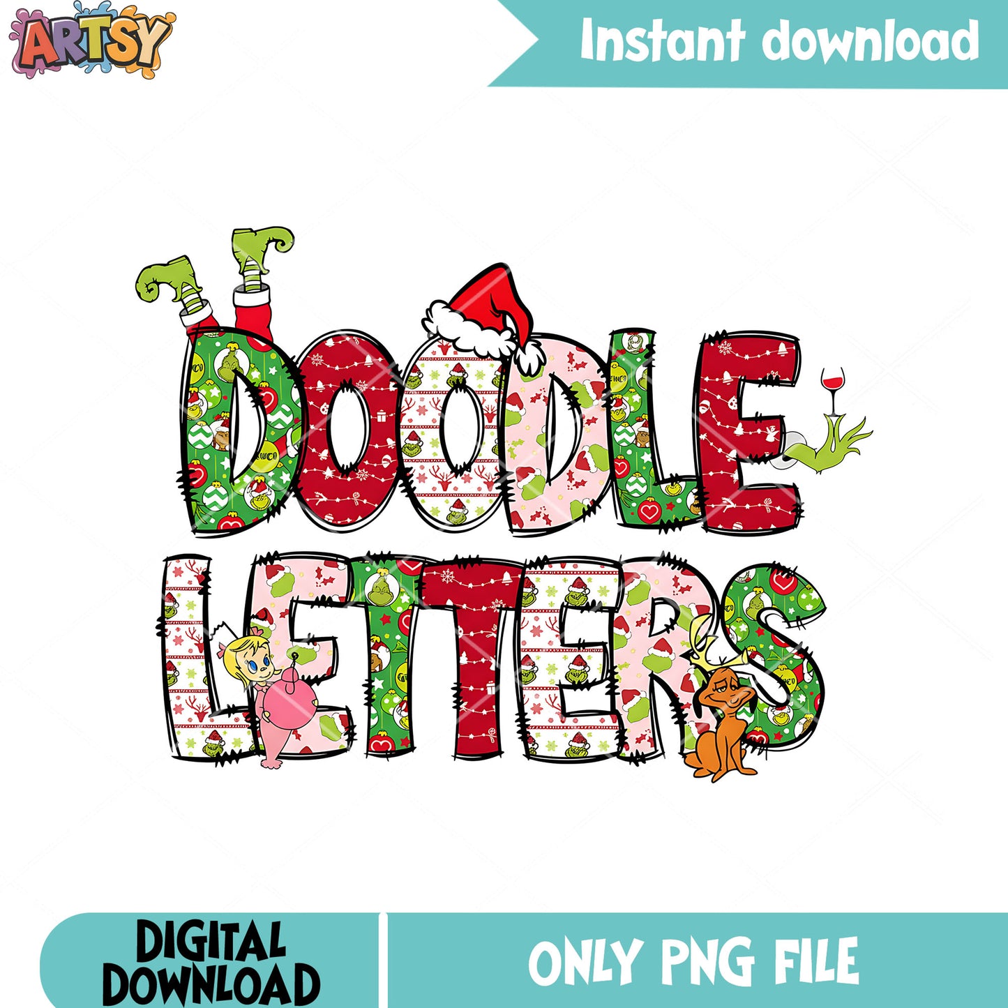 Doodle letters wine png, santa hat png, christmas decor png