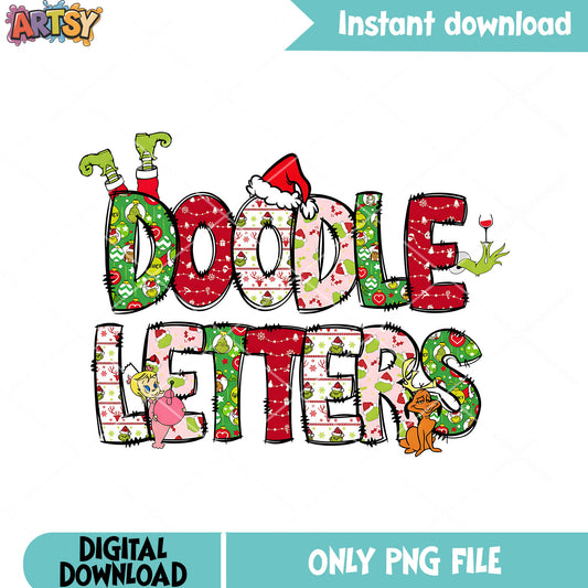 Doodle letters wine png, santa hat png, christmas decor png