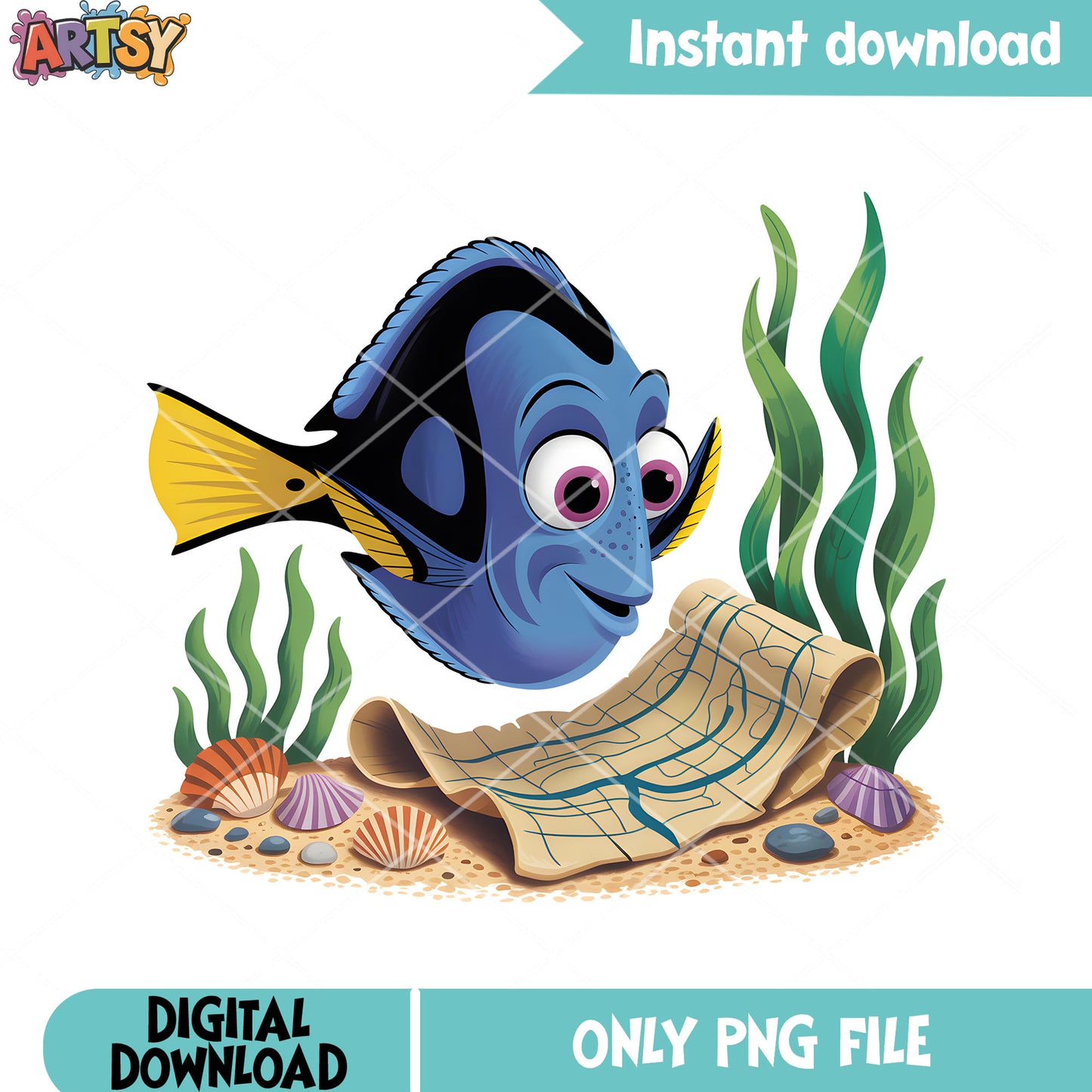 Dory with ocean map png, poster dory png, disney dory png