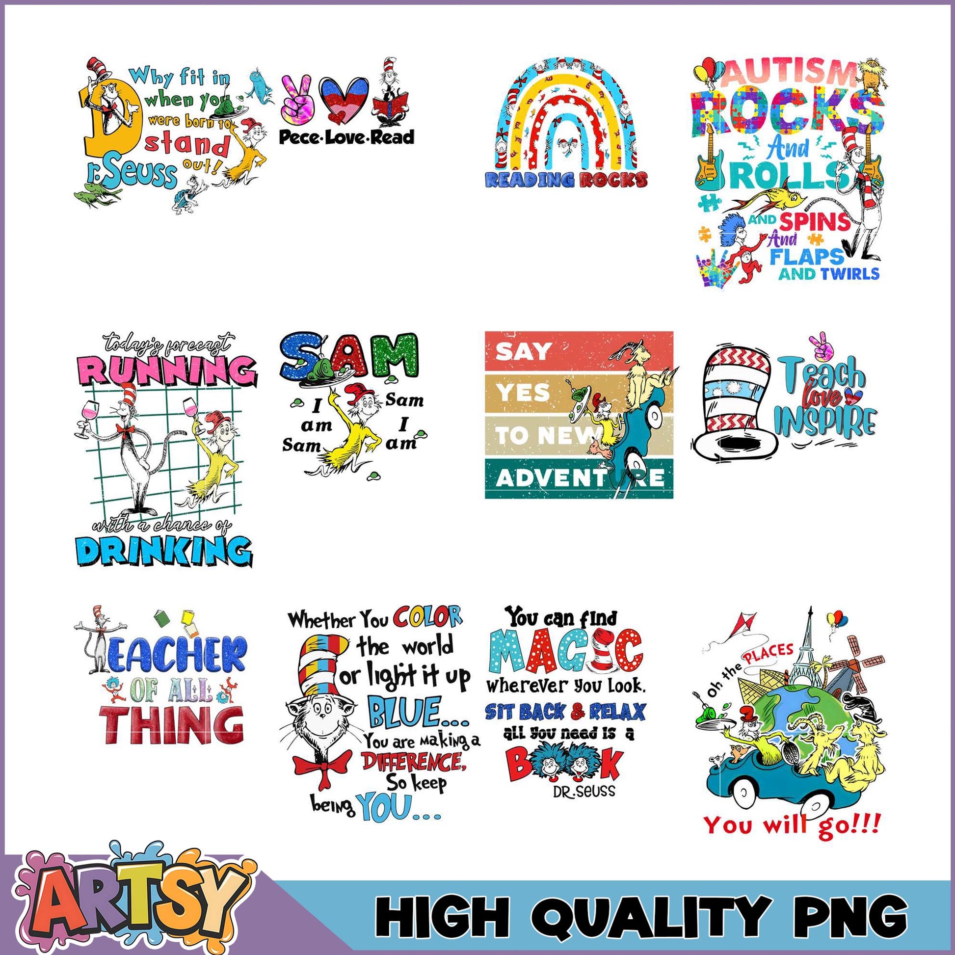 Dr Seuss PNG Bundle Inspirational Quotes & Designs
