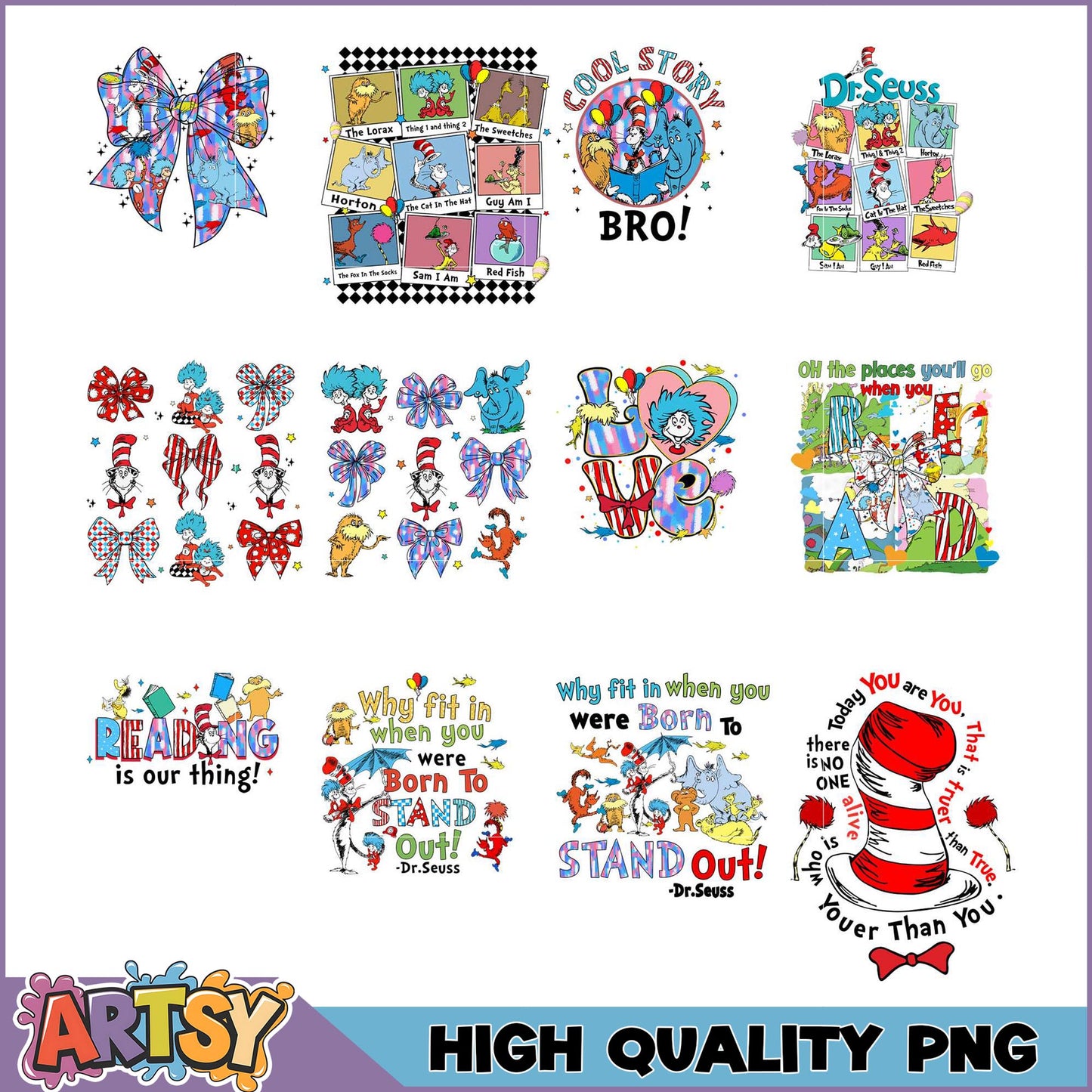 Dr Seuss PNG Bundle Quotes, Bows, Characters