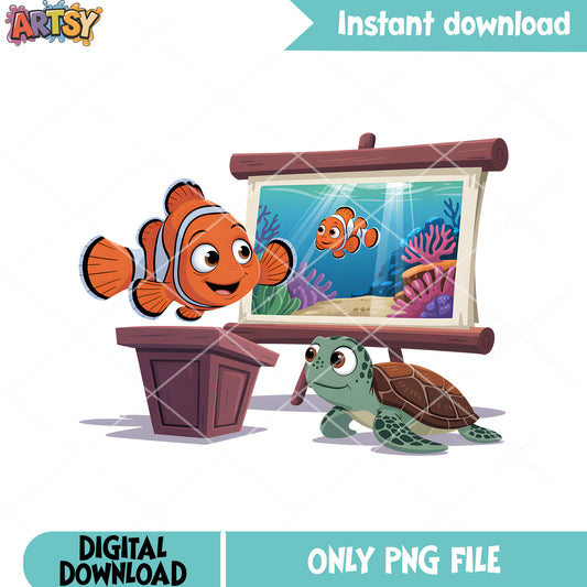 Drawing poster nemo vibes png, disney movie png, turtle crush png