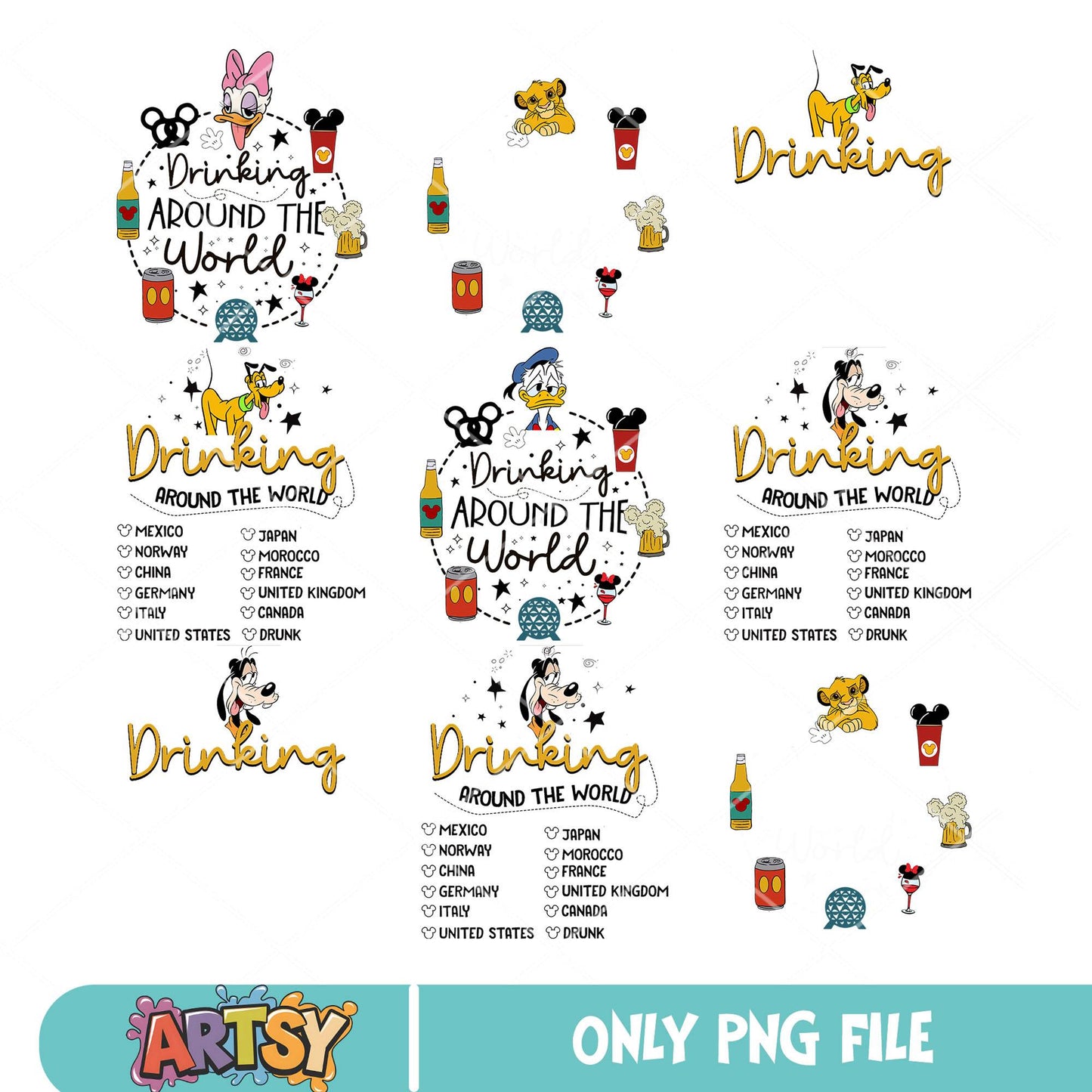 Drinking around disney png bundle, disney world png, mickey friends png