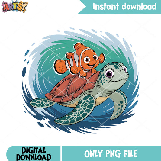 Duo turtle marlin costume png, clownfish nemo png, disney turtle png