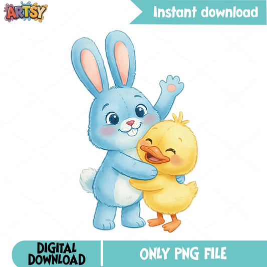 Easter Bunny And Duck PNG, Cute Easter Clipart PNG, Spring PNG