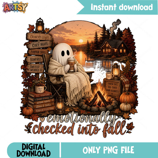 Emotionally Checked Into Fall Ghost PNG, Cozy Fall PNG, Halloween PNG