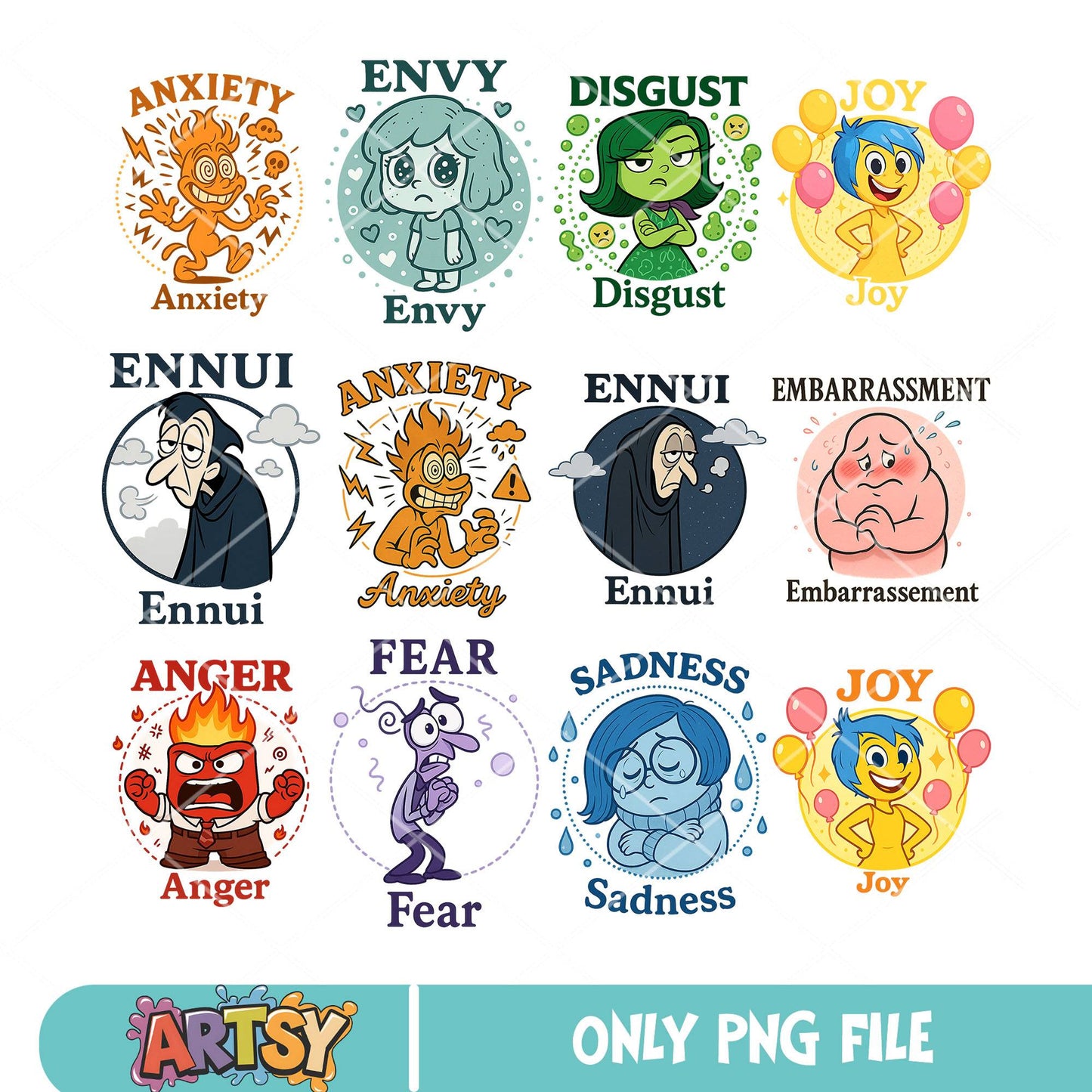 Emotions disney png bundle, inside out 2 png, disney inside out png