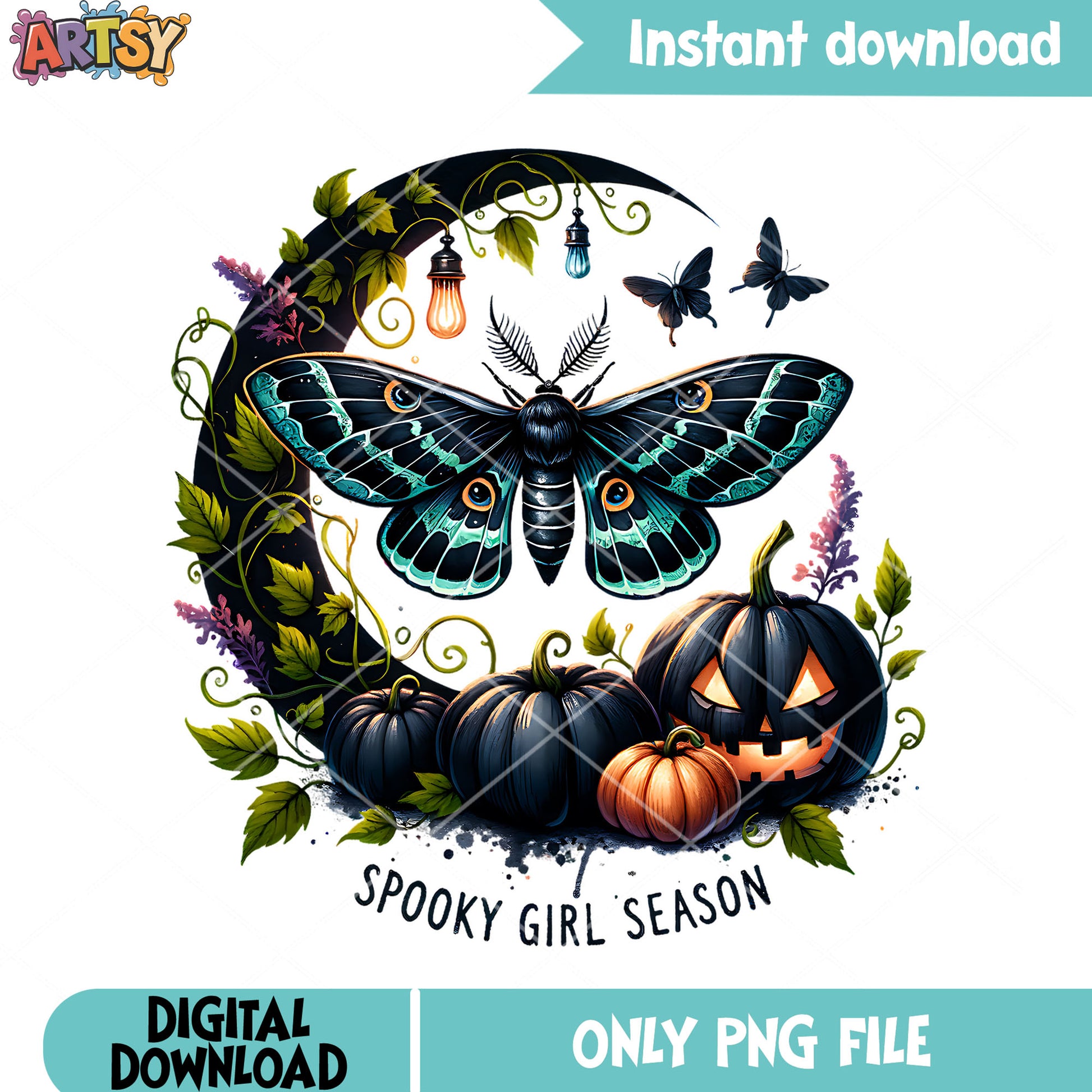 Enchanting butterfly cresent moon tree png, scary pumpkin png