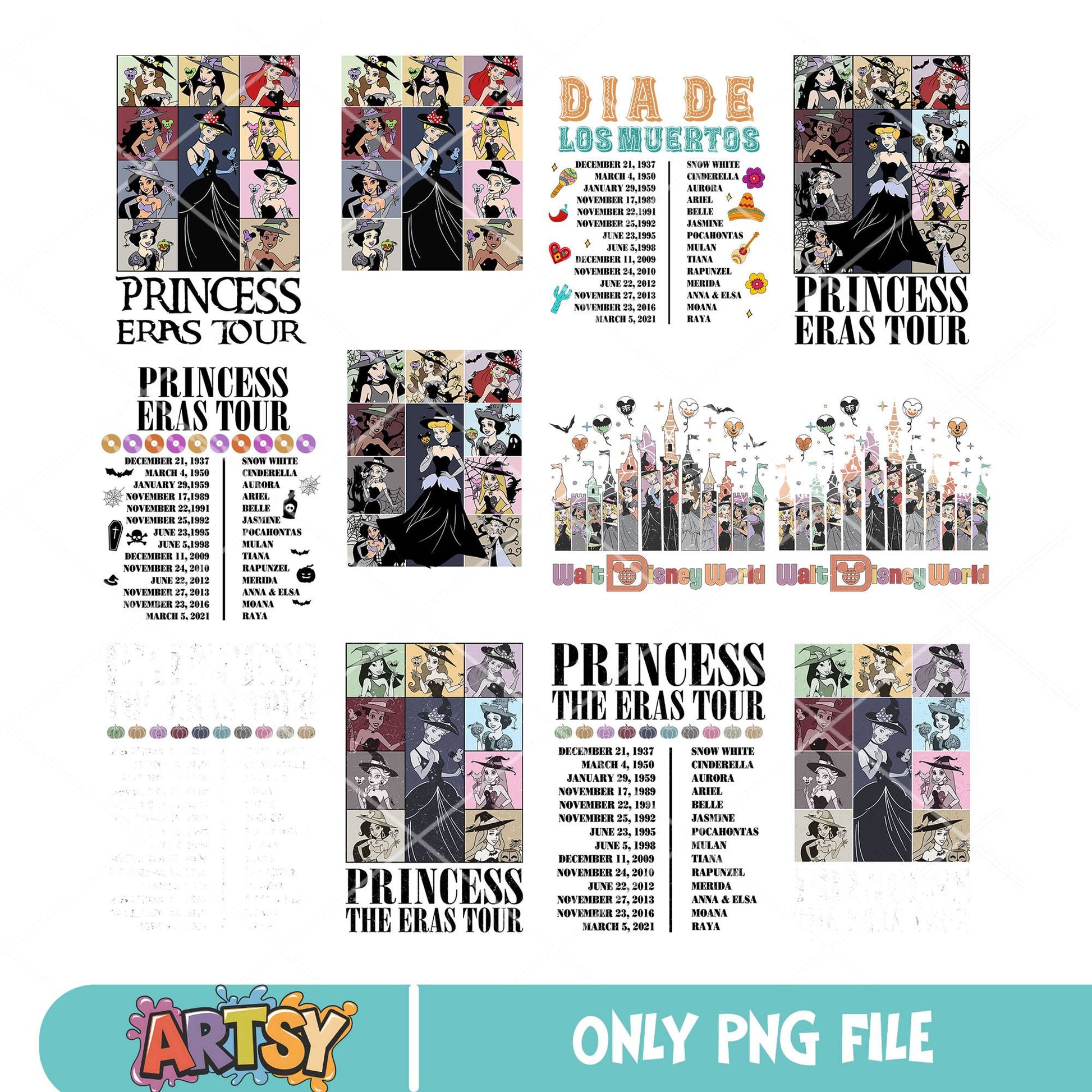 Eras tour princess png bundle, disney princess png, disney eras png