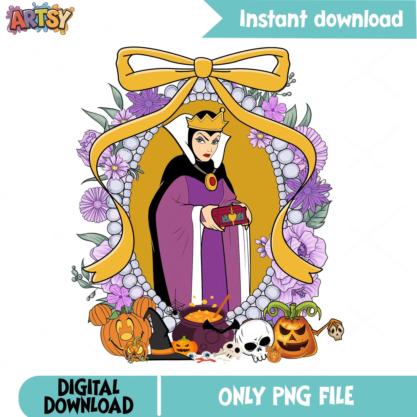 Evil Queen Halloween PNG, Disney Villain Floral PNG, Snow White PNG