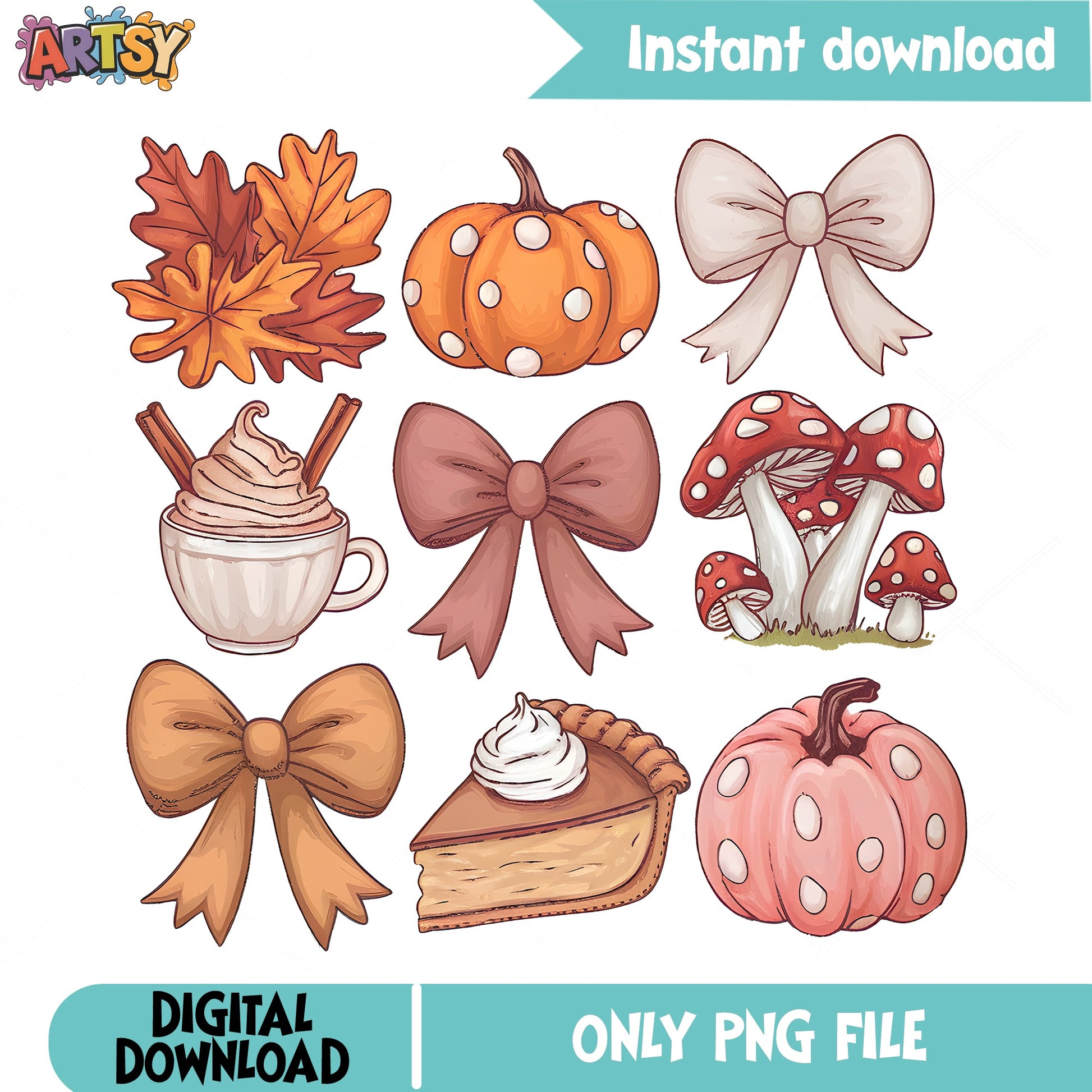 Fall Autumn Clipart PNG Bundle, Pumpkin Bow Mushroom PNG, Thanksgiving PNG