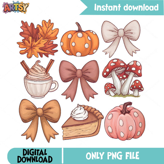 Fall Autumn Clipart PNG Bundle, Pumpkin Bow Mushroom PNG, Thanksgiving PNG