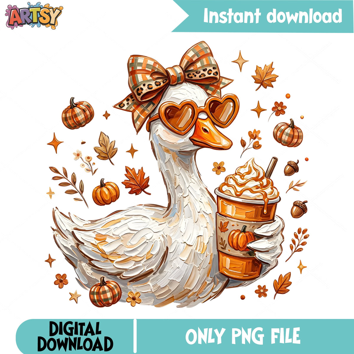 Fall Goose With Pumpkin Spice Latte PNG, Autumn Duck PNG, Thanksgiving PNG