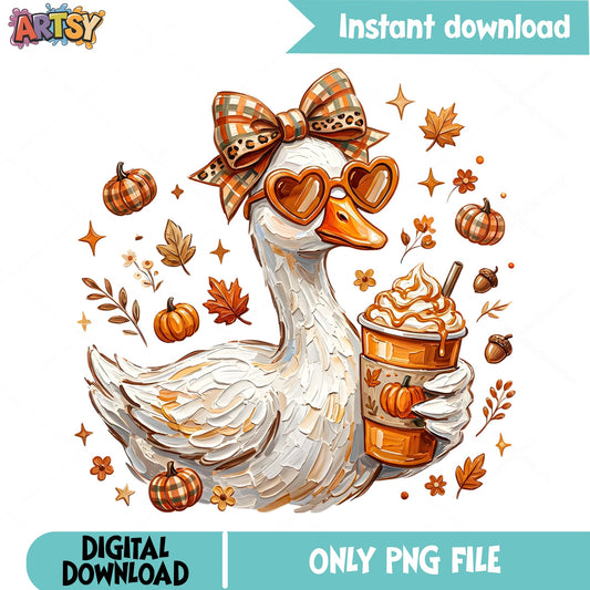 Fall Goose With Pumpkin Spice Latte PNG, Autumn Duck PNG, Thanksgiving PNG