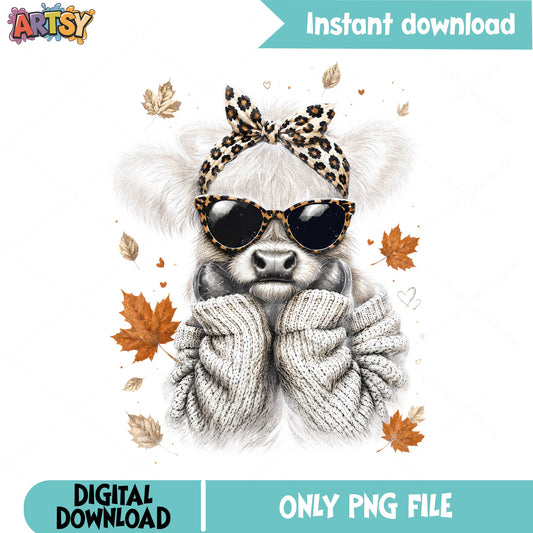 Fall Highland Cow PNG, Leopard Bandana Cow, Autumn Cow PNG