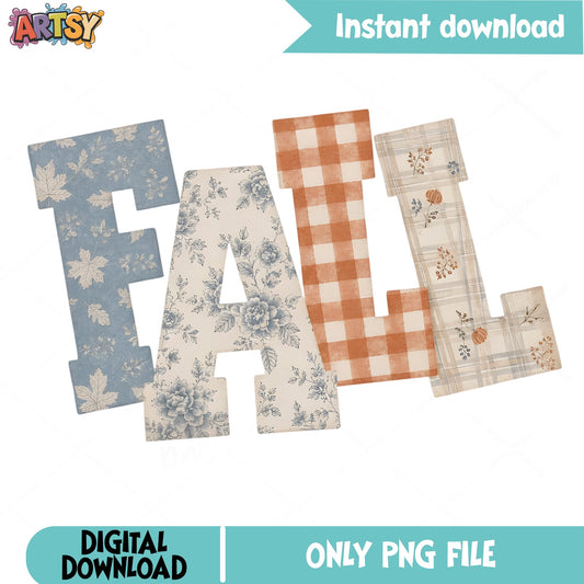 Fall Letters Patterned PNG, Autumn Floral Plaid Design, Fall PNG