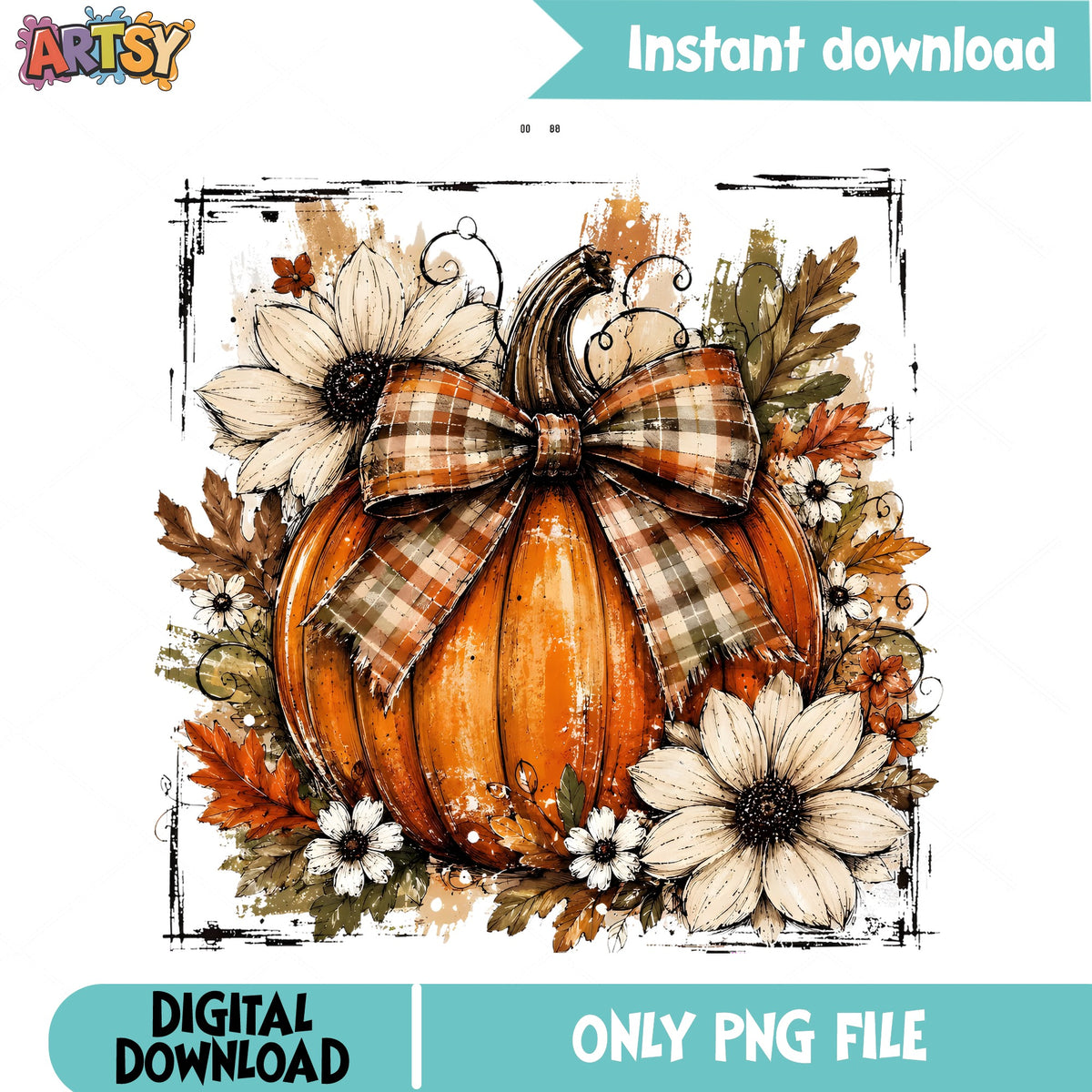 Fall Pumpkin With Bow PNG, Floral Autumn Pumpkin, Halloween PNG