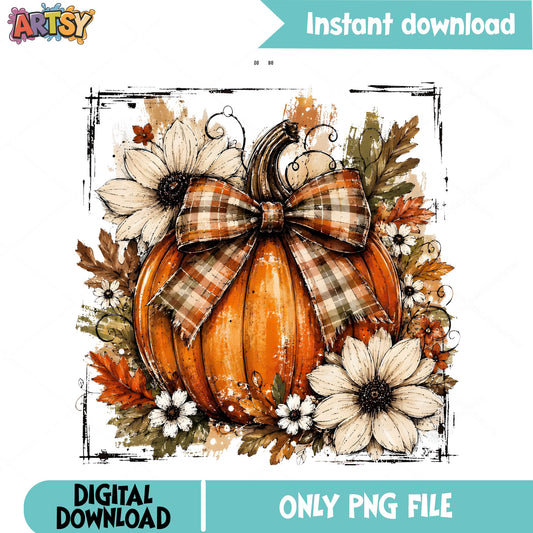 Fall Pumpkin With Bow PNG, Floral Autumn Pumpkin, Halloween PNG
