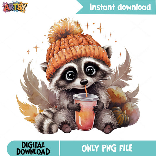 Fall Raccoon With Coffee PNG, Cute Raccoon PNG, Autumn PNG