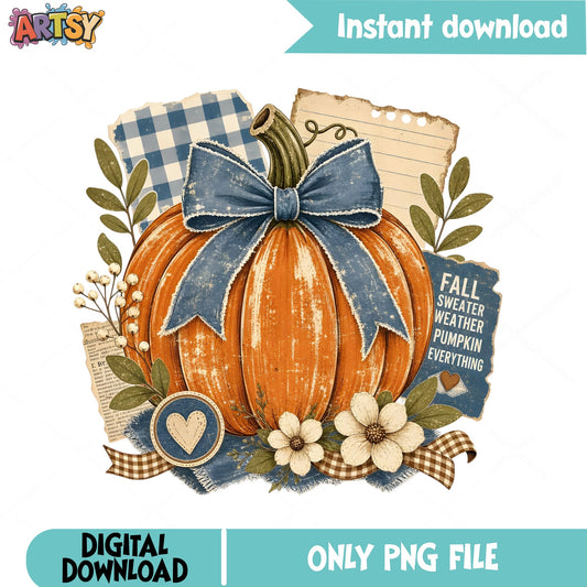 Fall Sweater Weather Pumpkin PNG, Coquette Bow Pumpkin PNG, Autumn PNG